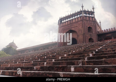 gate entrance to the mosque. The spectacular architecture of the Great Friday Mosque Jami Masjid in Delhi, the most important mosque in India. Stock Photo