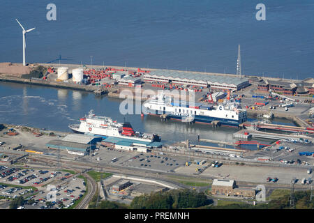 An aerial photo of Heysham Port, north west England, UK, on the edge of Morecambe bay, Isle of Man ferry in port Stock Photo