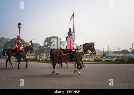 Cavalry parading down the Raj Path in preparation for Republic Day Parade, New Delhi, India, 26 January 2018: Stock Photo