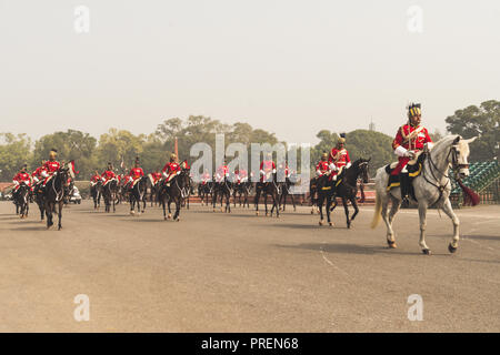 Soldiers practice for the Republic day parade on horses in New Delhi, India. January 26, 2018 in Delhi, India Stock Photo