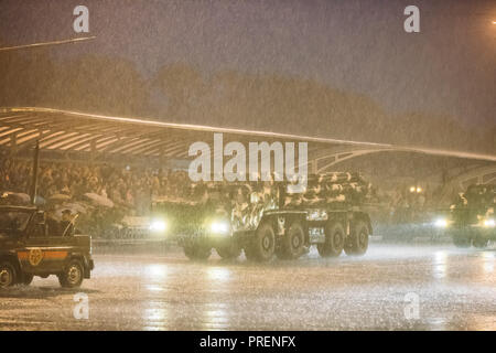 Minsk, Belarus. Soviet Heavy Multiple Rocket Launcher BM-30 Smerch Moving At Street During Rehearsal Before Celebration Of Independence Day Of Belarus Stock Photo