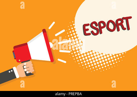 Writing note showing Esport. Business photo showcasing multiplayer video game played competitively for spectators and fun Man holding megaphone loudsp Stock Photo