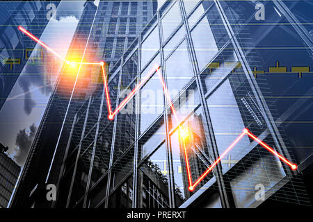 Composing with business building and stock chart (red bear chart on background ) Stock Photo