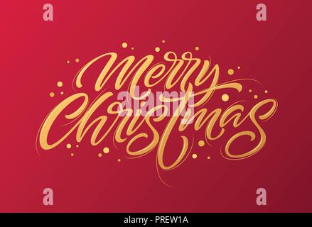 Golden text on dark red background. Merry Christmas and Happy New Year lettering for invitation and greeting card, prints and posters. Hand drawn inscription, calligraphic design. Vector illustration Stock Vector