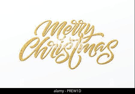 Merry christmas card with golden glitter lettering. Hand drawn text, calligraphy for your design. Vector illustration. Stock Vector
