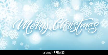 Merry Christmas hand drawn lettering in snowflakes frame Stock Vector