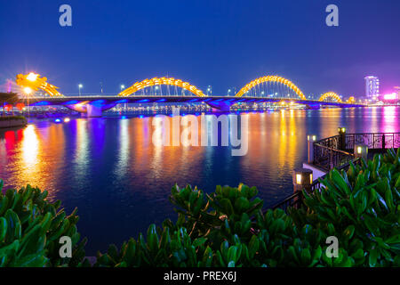 A night view of the Dragon Bridge (Cau Rong) , Da Nang, Vietnam Stock Photo