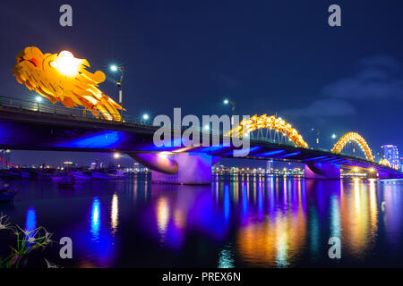 The Dragon Bridge (Cau Rong) illuminated at night, Da Nang, Vietnam Stock Photo
