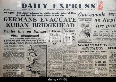 Second World War headlines in Daily Express newspaper 'Germans Evacuate Kuban Bridgehead'  London England UK on September 23 1943  historical archive Stock Photo