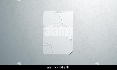 Blank white wheatpaste adhesive poster mockup on textured wall, 3d rendering. Empty street art sticker mock up. Clear urban canvas for affiche or propaganda. Creased advertising glued placard. Stock Photo