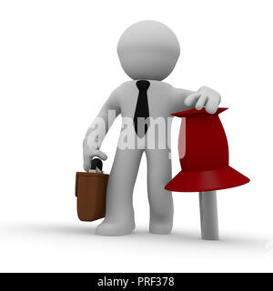 Small businessman with a big red pushpin, 3d rendering Stock Photo