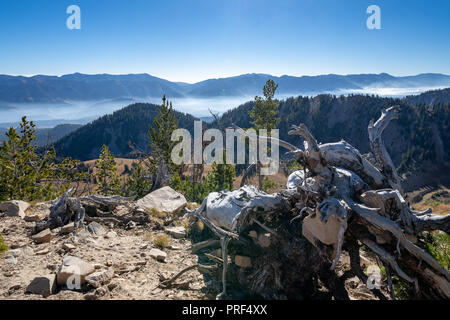 Beautiful mountain view from summit of a mountain in the Bridger-Teton National Forest near Jackson Wyoming. Fog and haze lingers in the mountain rang Stock Photo