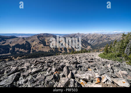 Rocky narrow  dangerous ridge of talus scree rocks on top of mountains in the Bridger Teton National Forest near Jackson Wyoming Stock Photo