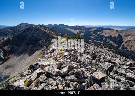 Rocky narrow  dangerous ridge of talus scree rocks on top of mountains in the Bridger Teton National Forest near Jackson Wyoming Stock Photo