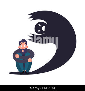 Panic Attack and Anxiety Disorder Concept. Frightened man sitting and hugging his knees. Shadow monster scares a man. Stock Photo