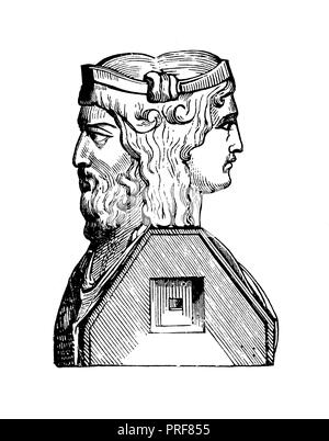 Original artwork of Janus, the god of beginnings and transitions,gates, doors, passages, endings and time in Roman religion. Published in A pictorial  Stock Photo