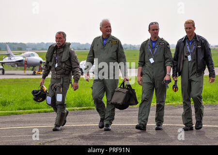 Pilots walking in having displayed classic jet planes of Midair Squadron at Cotswold Airport, Kemble. Chris Heames, Dave Piper, Gareth Walker Stock Photo