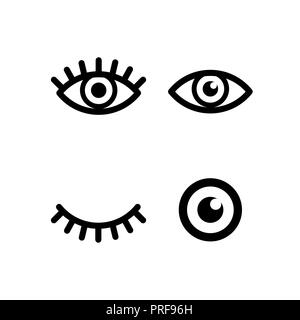 Set of different eye with pupil and eyelashes signs, simple black icons isolated on white Stock Vector
