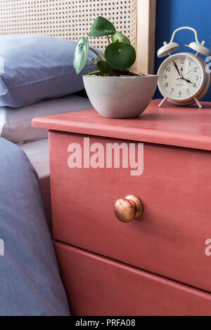 Houseplant and alarmclock on upcycled bedside table Stock Photo