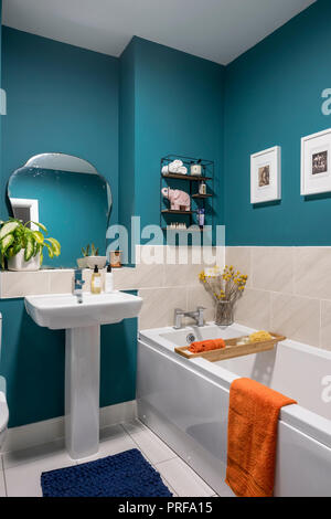 teal bathroom with vintage mirror and wall mounted metal shelf Stock Photo