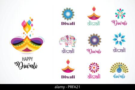 Happy Diwali Hindu festival icons, elements, logo set. Burning diya illustration, light festival of India Stock Vector