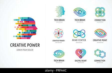 Brain, Creative mind, learning and design icons, logos. Man head, people symbols - stock vector Stock Vector