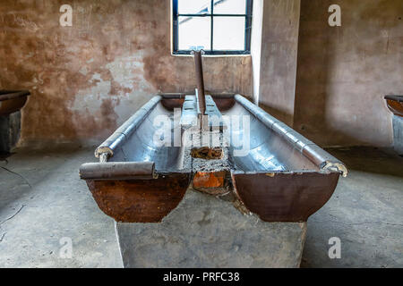 Auschwitz concentration camp toilet barracks was a network of German Nazi concentration camps & extermination camps built and operated by the Third Re Stock Photo