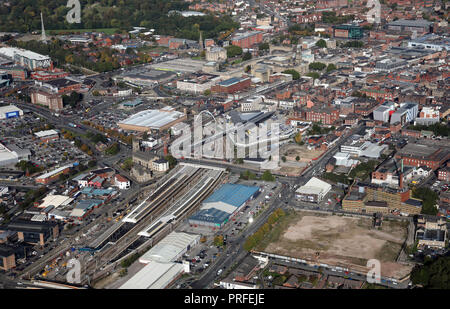 aerial view of Bolton Interchange, a combination of the Railway Station & Bus Station Stock Photo