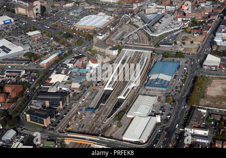 aerial view of Bolton Interchange, a combination of the Railway Station & Bus Station Stock Photo