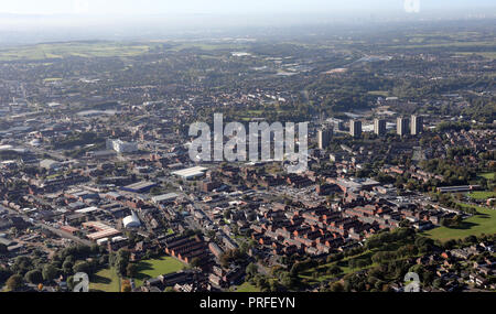 aerial view of the Rochdale skyline, with Manchester city centre in the distance Stock Photo