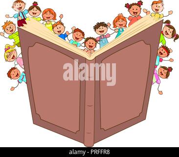 Cartoon little kids read big book. Children and book on a white background. Stock Vector