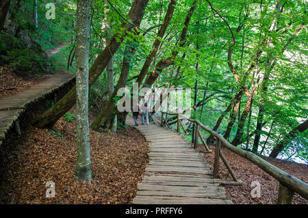 Plitvice National Park, Croatia. Wood plank path through green forest and over the water Stock Photo