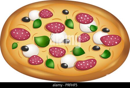Vector illustration of italian pizza with pepperoni and mozzarella and olives slices, isolated on white. Stock Vector