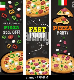 Realistic Pizza Pizzeria flyer vector background. Three vertical Pizza banners with ingredients and text on modern black and dark gray background. Stock Vector
