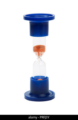 Laboratory sandglass with half of  sand in each bulb  in blue plastic holders Stock Photo