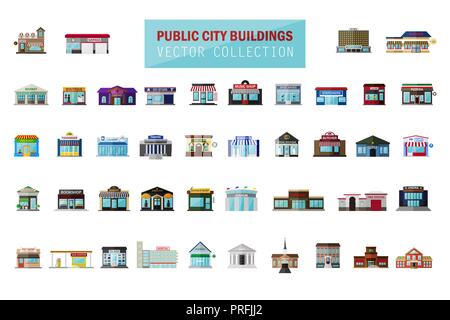 Vector flat cartoon style modern city building, market, fast food cafe, restaurant, shop, store facade, boutique with showcase icon set isolated on white background. Exterior facade buildings bundle. Storefront in city collection. Front view Stock Vector