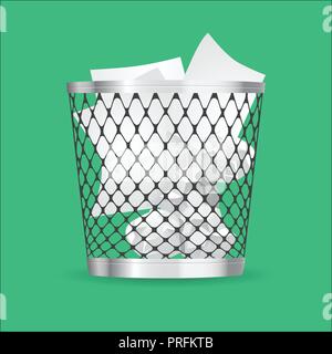 Steel trash can with paper garbage realistic vector icon Stock Vector