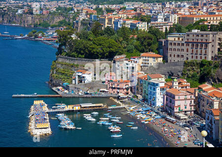 View on fishing harbour Marina Piccola and bathing beach, Sorrento, Peninsula of Sorrento, Gulf of Naples, Campania, Italy Stock Photo