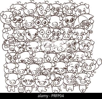 Background with cute baby piglets. Pastel cartoon image kawaii pigs. Vector  by freehand draw doodle comic emoji art. Illustration for coloring pages a  Stock Vector Image & Art - Alamy