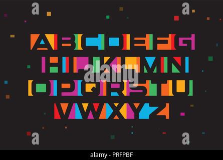 Colored vector font. Geometric negative space alphabet. Colorful letters on black background with geometric confetti. Stock Vector