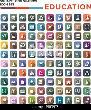 Education icon set with long shadow effect for Web, Presentations and Mobile Application. Isolated on white Stock Vector
