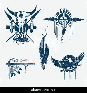 native american indians illustration set (bow and arrow, tomahawk, axe, chief headdress, peace pipe, dream catcher, skull); vector illustration Stock Vector