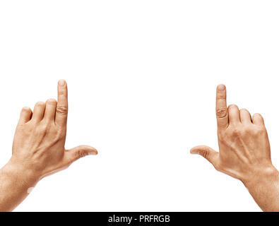 Future planning. Close up of men's hands making frame gesture isolated on white background. Copy spase. High resolution product Stock Photo