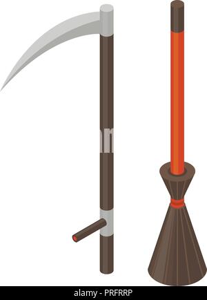 Scythe and broom icon, isometric style Stock Vector