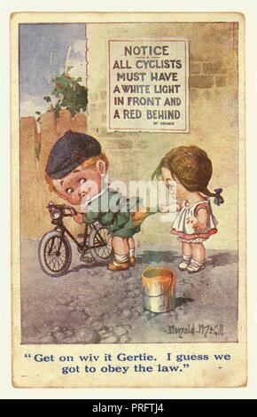 Original humorous comic postcard, cycling, U.K.  Rear lights on bicycles were required in the First World War period, they were unpopular among members of the CTC (Cycling Touring Club) who believed that responsibility for driving safely at night should rest with the driver. posted April 1919, U.K. Stock Photo