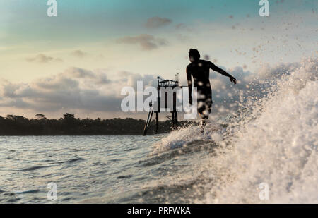 Longboard surfing a wave in Batu Karas, Java, Indonesia Stock Photo