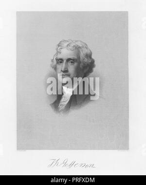 Engraved portrait of Thomas Jefferson, the third President of the United States and member of the Continental Congress, an American Founding Father from Shadwell, Virginia, 1837. From the New York Public Library. () Stock Photo