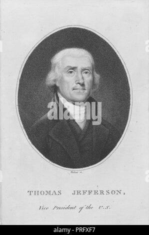 Engraved portrait of Thomas Jefferson, the third President of the United States and the second Vice President of the United States, an American Founding Father from Shadwell, Virginia, 1837. From the New York Public Library. () Stock Photo