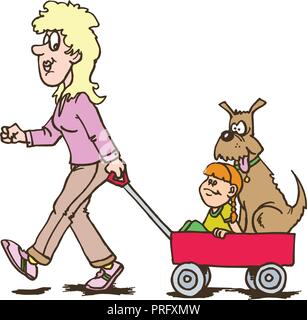 mother with children carriage walking with dog and child. Creative vector illustration. happy mothers day Stock Vector