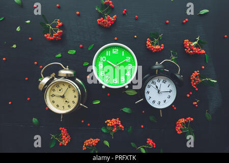 Ten past ten on three different alarm clock, flat lay top view minimal composition of timepieces placed on dark wooden background with decorative wild Stock Photo